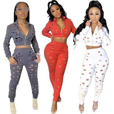 Ladies hot sale zipper burnt hole sweatshirt sports suit two-piece suit XY9117