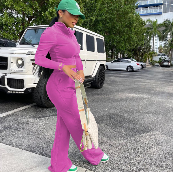 Women's Zipper Jacket Wide Leg Pants Sports Suit Stand Collar Bucket Pants Two-Piece Set W8245