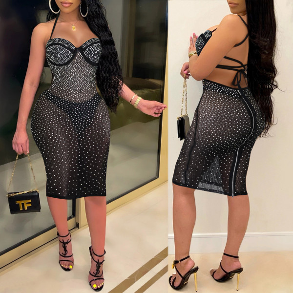 Hot diamond pearl perspective suspenders sexy dress nightclub clothes K8970