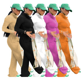 Women's Zipper Jacket Wide Leg Pants Sports Suit Stand Collar Bucket Pants Two-Piece Set W8245