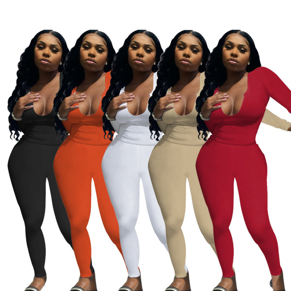 Women's sexy deep V long-sleeved trousers suit solid color sanded stretch two-piece suit W8238-1