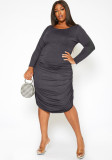 Solid color pleated long-sleeved round neck women's casual dress Y81339
