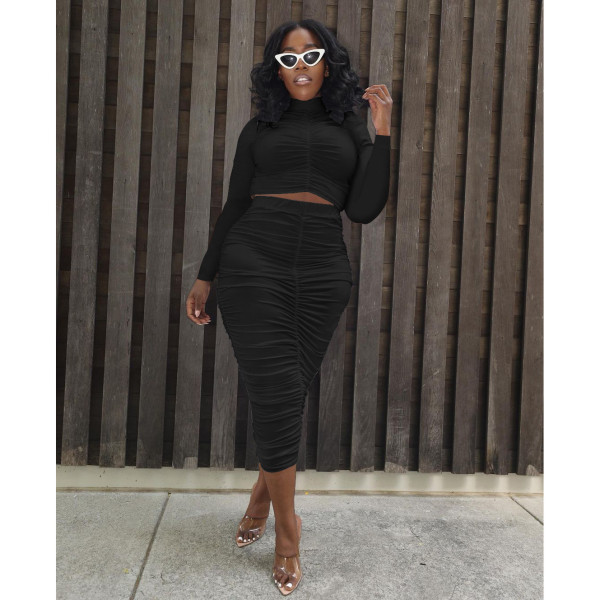 Women's 21 autumn and winter pleated long-sleeved long skirt suit solid color high elastic street two-piece suit W8235-1