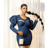 Women's Lantern Sleeve Hollow Slim Fit Pack Butt High Elastic Dress B9299