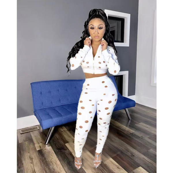 Ladies hot sale zipper burnt hole sweatshirt sports suit two-piece suit XY9117