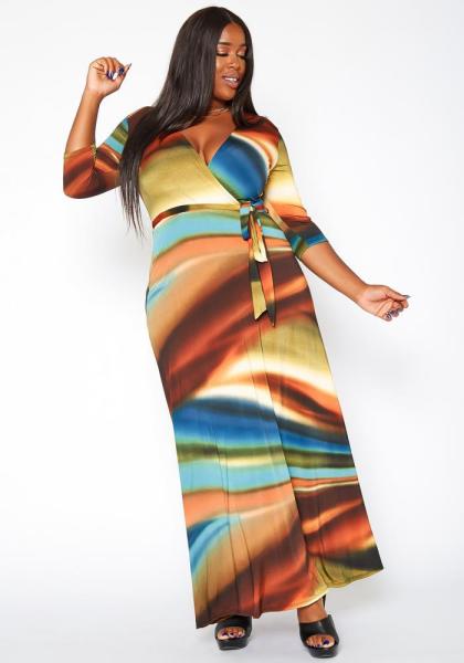 Printed autumn and winter V-neck fashion plus size women's dress Y81340 