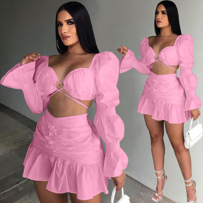 Ladies Fashion Lantern Sleeve Pleated Skirt Two Piece Set ALS267