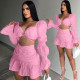 Ladies Fashion Lantern Sleeve Pleated Skirt Two Piece Set ALS267