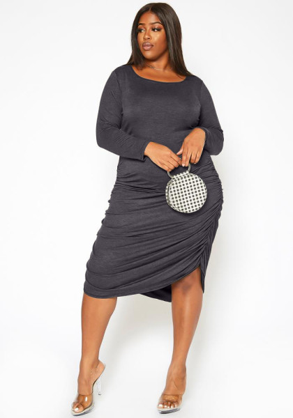 Solid color pleated long-sleeved round neck women's casual dress Y81339