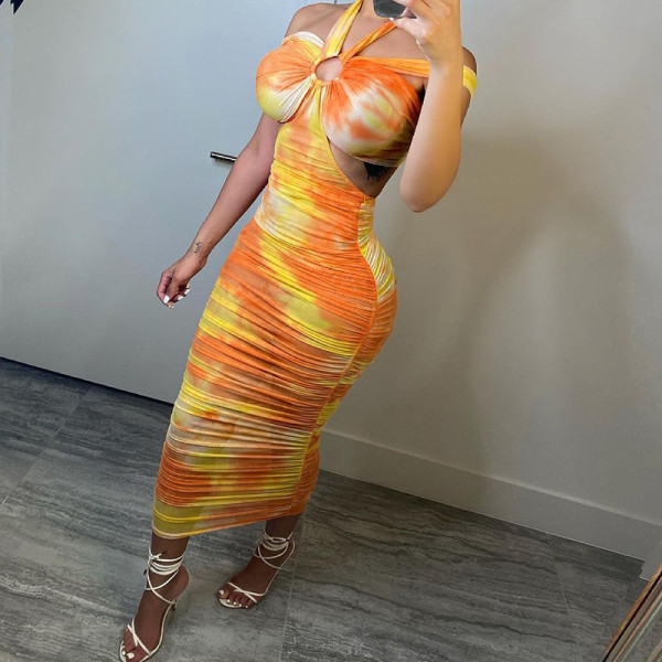 2021 summer women's new fashion halter neck one-shoulder mesh printing pleated sexy hip dress K21D03319