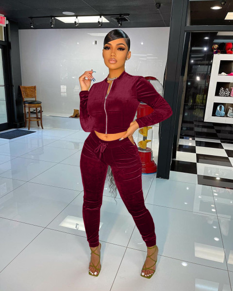 Velvet fabric pocket zipper leisure sports suit L268