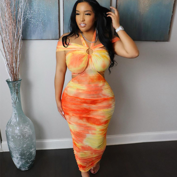 2021 summer women's new fashion halter neck one-shoulder mesh printing pleated sexy hip dress K21D03319