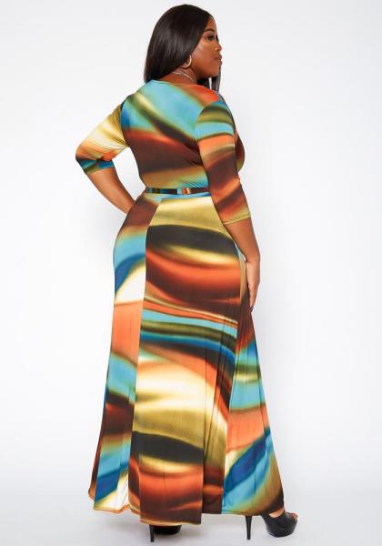 Printed autumn and winter V-neck fashion plus size women's dress Y81340 