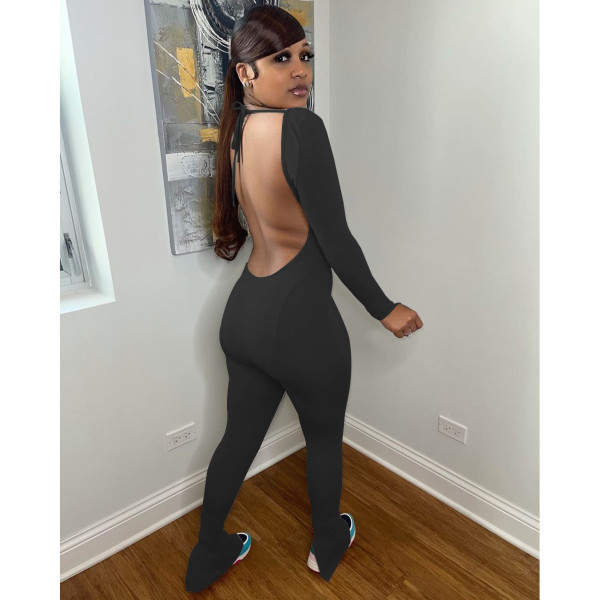 Halter neck jumpsuit trousers solid color high stretch fabric sports pants yoga pants W8239