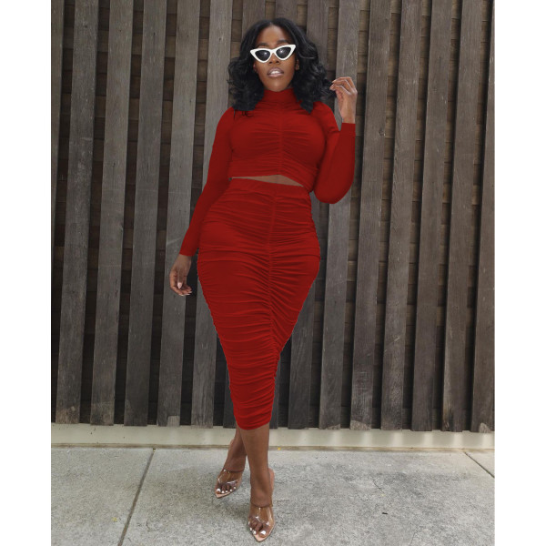Women's 21 autumn and winter pleated long-sleeved long skirt suit solid color high elastic street two-piece suit W8235-1