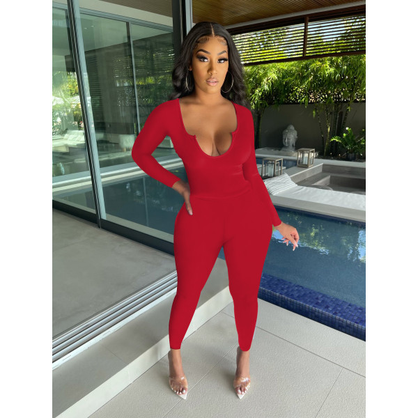 Women's sexy deep V long-sleeved trousers suit solid color sanded stretch two-piece suit W8238-1