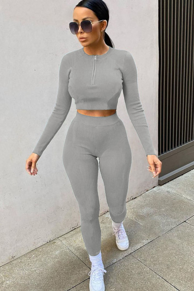 Pure color sexy small pit strip zipper pull two-piece suit AN5229