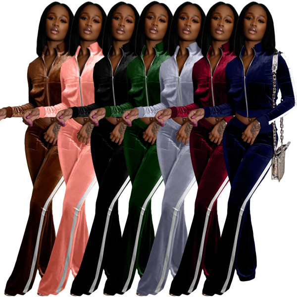 Women's ribbed color block flared pants suit AC8305