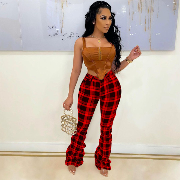 Retro plaid folded bell bottom pants HY5243