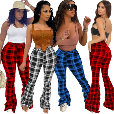 Retro plaid folded bell bottom pants HY5243