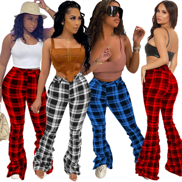Retro plaid folded bell bottom pants HY5243