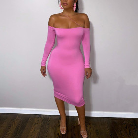 2021 autumn and winter new women's single-shoulder strap long-sleeved slim-fit hip-fit slim dress women K21D06821