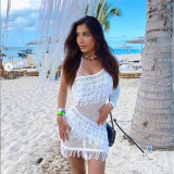 2021 autumn new European and American women's slanted shoulder single-sleeved tassel knit see-through sexy hip dress W21D06519