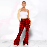 Retro plaid folded bell bottom pants HY5243