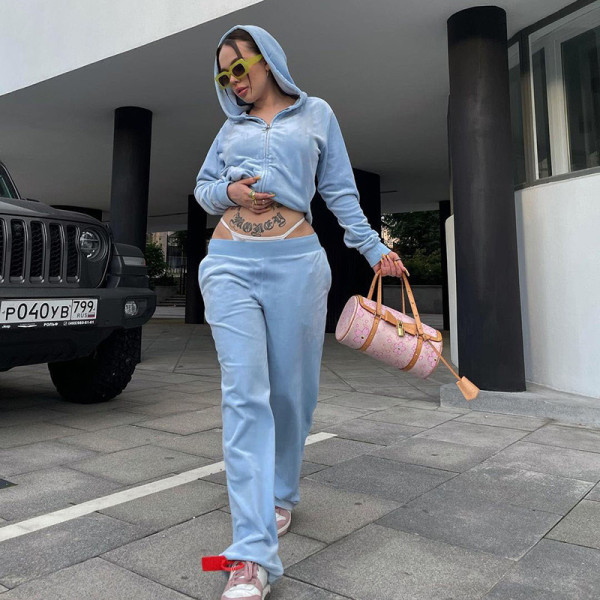 2021 autumn and winter women's new fashion hooded hot drilling velvet casual sports suit K21S06766