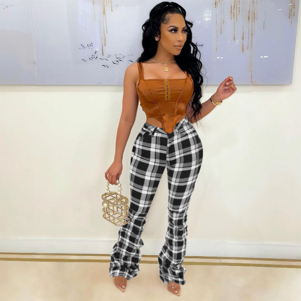 Retro plaid folded bell bottom pants HY5243