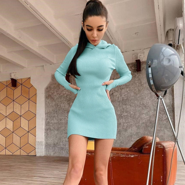 2021 Fall New Women's Fashion Round Neck Long Sleeve Hooded Slim Fit Pack Butt Solid Color Dress K21D06413