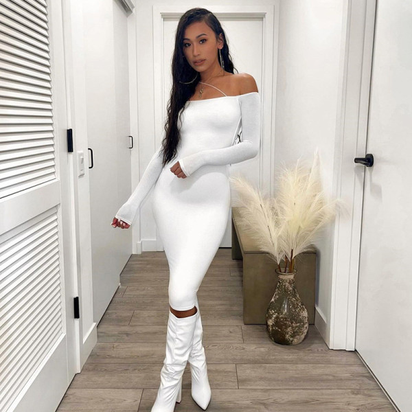 2021 autumn and winter new women's single-shoulder strap long-sleeved slim-fit hip-fit slim dress women K21D06821