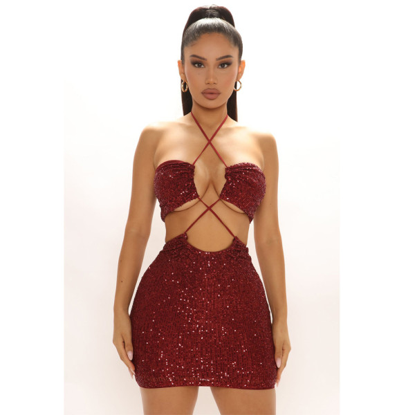 Backless sexy strappy sequined two-piece skirt YT3293