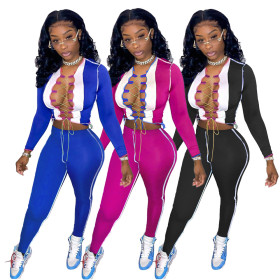Women's color contrast stitching strap hollow two-piece suit MN8382