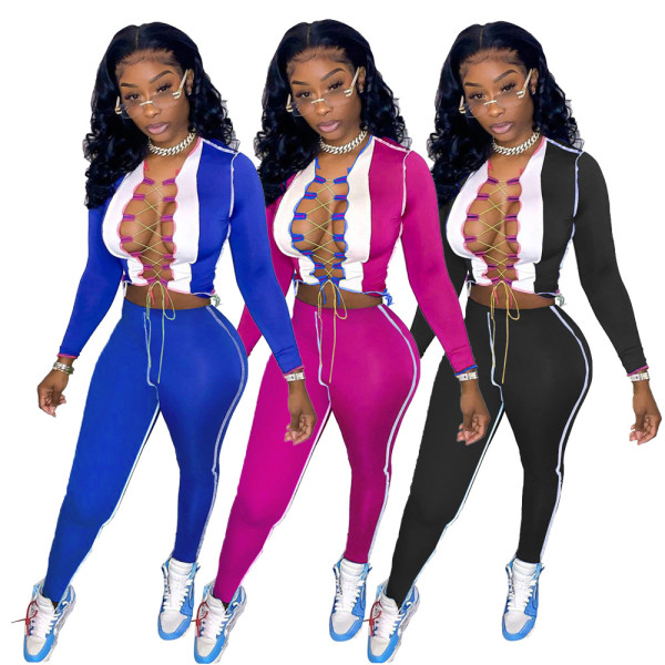Women's color contrast stitching strap hollow two-piece suit MN8382