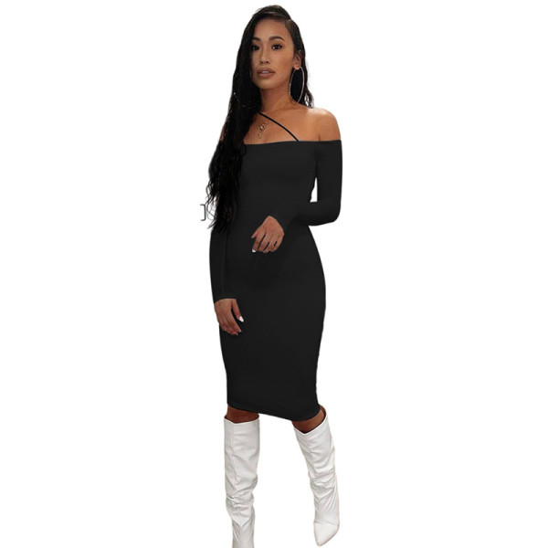 2021 autumn and winter new women's single-shoulder strap long-sleeved slim-fit hip-fit slim dress women K21D06821