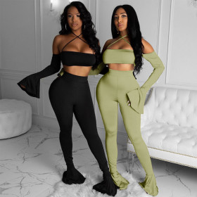 2021 Fall/Winter New Fashion Trend One-line Long Sleeve Top Slim Casual Pants Set S093412A