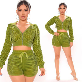2021 autumn women's new fashion pleated hooded velvet top sexy bag hip tight shorts suit K21S06556
