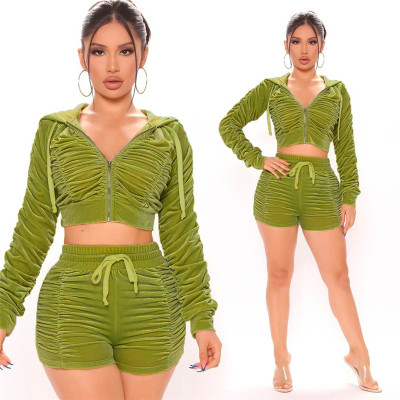 2021 autumn women's new fashion pleated hooded velvet top sexy bag hip tight shorts suit K21S06556