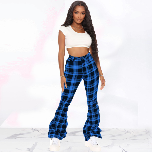 Retro plaid folded bell bottom pants HY5243