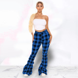 Retro plaid folded bell bottom pants HY5243