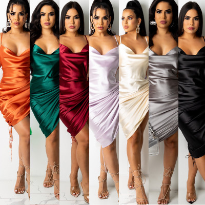 Sexy European and American sling deep V bilateral drawstring design one-piece nightclub clothes A7211
