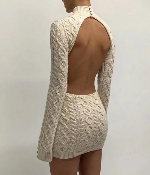 Twist woven knitted skirt 2021 autumn female slim sexy backless waist knit bag hip dress A001461