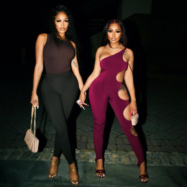 Women's summer new style high waist slim hip hips slanting shoulders open back side hollow sexy jumpsuit women K21Q04102 K21Q04102