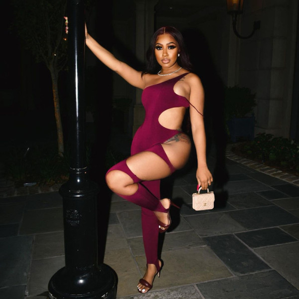 Women's summer new style high waist slim hip hips slanting shoulders open back side hollow sexy jumpsuit women K21Q04102 K21Q04102