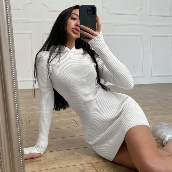 2021 Fall New Women's Fashion Round Neck Long Sleeve Hooded Slim Fit Pack Butt Solid Color Dress K21D06413
