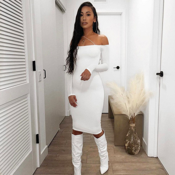 2021 autumn and winter new women's single-shoulder strap long-sleeved slim-fit hip-fit slim dress women K21D06821