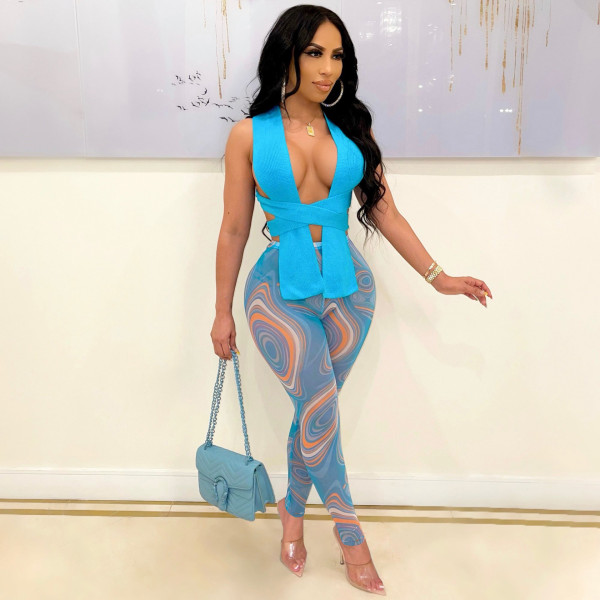 Sexy two-piece halter neck and chest printed trousers suit F312