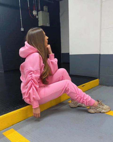 Pure color hooded pocket pleated elastic two-piece suit CQ139