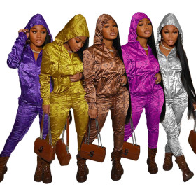 Fashion casual letters with hood reflective satin pull frame sports suit TK6200